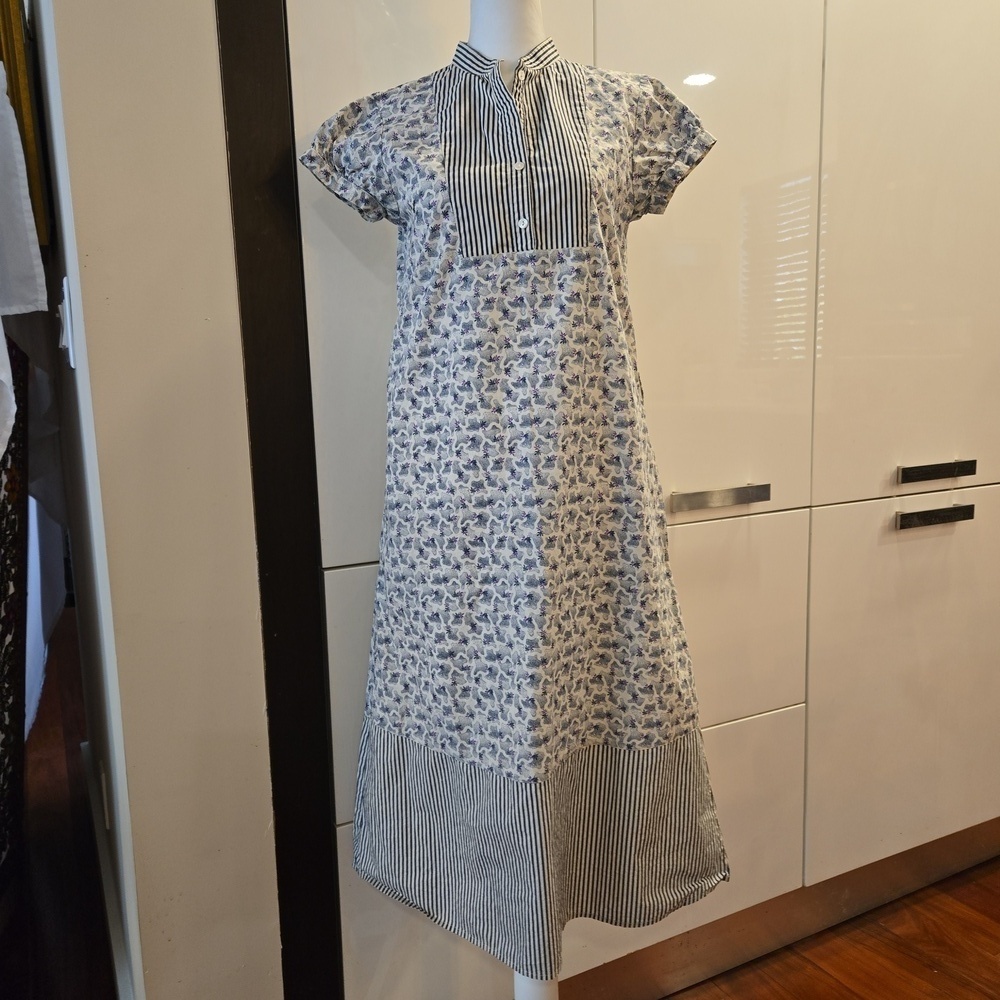 Suno Womens Cotton Cottage Floral Striped Tunic Midi Dress Blue & White Size XS
